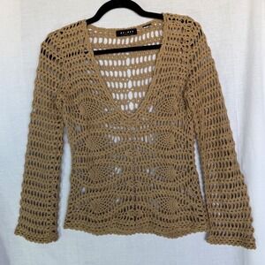 Crochet Sweater Tan Cottagecore Festival V-Neck Boho Long Sleeve Axcess Small